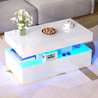 Coffee Table With Led Light, Modern High Gloss Finish Center Table With 2-tier Storage Space, Minimalist Coffee Table For Living Room, Office by Wrought Studio