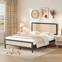 Metal Bed Frame with Rattan Headboard