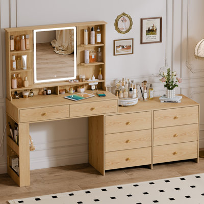 Makeup Vanity Desk With Large Mirror And Lights&charging Station,modern Corner Makeup Vanity Table With 8 Storage Drawers And 8 Shelves,makeup Table F by Wrought Studio