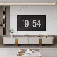 78.7" Luxury Modern TV Stand with Gold Accents, Marble Top, and 4 White Storage Drawers