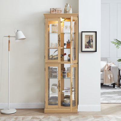 Light oak lighted glass curio cabinet | wood frame display case | wine & toy storage | for living room, kitchen, pantry | bulb included