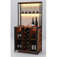 Wine Bar Cabinet With LED Lights, 5-Tier Industrial Coffee Bar, Buffet Sideboard With Adjustable Shelves, Kitchen Bar Table With Wine Rack Storage And