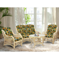 Malibu Lounge Set Of 4: 2 Natural Rattan Wicker Chairs, Loveseat And Coffee Table W/Glass Handmade, Natural Color