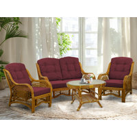 Malibu Lounge Set Of 4: 2 Natural Rattan Wicker Chairs, Loveseat And Coffee Table W/Glass Handmade, Colonial by Bay Isle Home