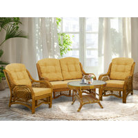 Malibu Lounge Set Of 4: 2 Natural Rattan Wicker Chairs, Loveseat And Coffee Table W/Glass Handmade, Colonial by Bay Isle Home