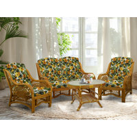 Malibu Lounge Set Of 4: 2 Natural Rattan Wicker Chairs, Loveseat And Coffee Table W/Glass Handmade, Colonial by Bay Isle Home