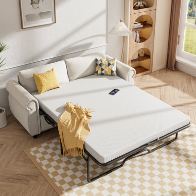 Lark Manor™ Full Sleeper Sofa With 4" Foldable Memory Foam Mattress, 2 In 1 Upholstered Pull Out Sofa Bed With Nailhead Armrests, Modern Linen Pull Ou