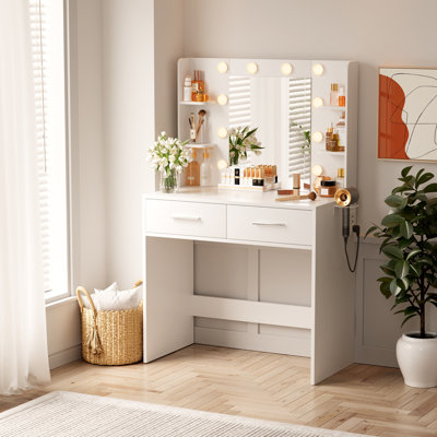 Makeup Vanity Desk With Adjustable Lights And Mirror, Dressing Table With Built-in Power Supply by Ebern Designs