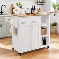 Rolling Kitchen Island Cart On Wheels With Drawer Open Shelves & Spice Rack With Storage For Dining Room
