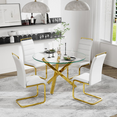 5 Piece Dining Set, Round Dining Table with Tempered Glass and 4 Upholstered Chairs by Mercer41