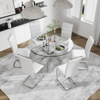 7 Piece Dining Set, Round Dining Table with Tempered Glass and 6 Upholstered Chairs by Mercer41