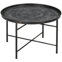 24" Round Coffee Table with Hammered Tray Top & Metal Frame, Pewter by Dakota Fields