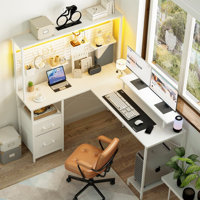 L-shaped Computer Desk With Power Outlets And Pegboard, Reversible Led Office Desk With Drawes And Storage Shelves, Gaming Desk With Monitor Stand by Wrought Studio