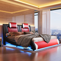Floating Bed Frame with LED Lights, Modern Faux Leather Upholstered Platform Bed by Wrought Studio
