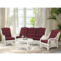 Malibu Lounge Set Of 4: 2 Natural Rattan Wicker Chairs, Three-Seater Sofa With Cushions And Coffee Table With Glass Handmade by Bay Isle Home