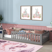 Twin Size Floor Bed For Kids With Safety Guardrails And Door And Slats,Without Door by Harriet Bee