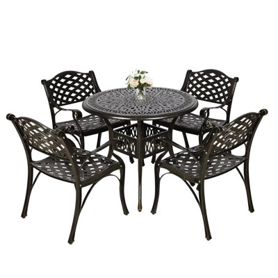 World Menagerie 5-Piece Outdoor Furniture Dining Set, All Weather Cast Aluminum Conversation Set With 4 Chairs And 35.4" Round Table, 2" Umbrella Hole by World Menagerie