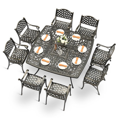 9-Piece Outdoor Furniture Dining Set For 8, All Weather Cast Aluminum Patio Dining Set- Large 64" Square Table And 8 Chairs, Patio Table And Chairs Se