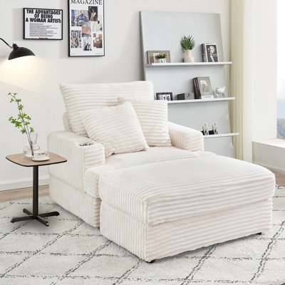 39" Wide Corduroy Upholstered Chaise Lounge Chair Accent Chair with Cup Holder for Living Room, Bedroom, Office by Latitude Run