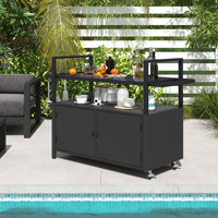 Outdoor Bar Cart With Tempered Glass Top Storage Cabinet & 8 Hooks For Porch by Ebern Designs