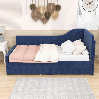 Twin Wood L-Shaped Upholstered Bed with Drawers by Lark Manor