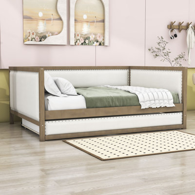 Full Wood Upholstered Daybed with Twin Trundle and Nailhead Decoration by Lark Manor