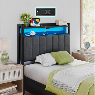 Berte Storage Upholstered Headboard With RGB LED Lights & Charging Station by Ebern Designs