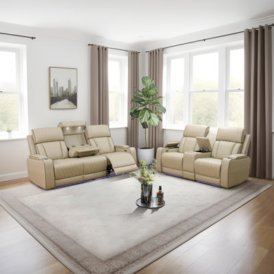 Electric 2-Piece Breathing Leather Living Room Recliner Set, Sofa&Loveseat