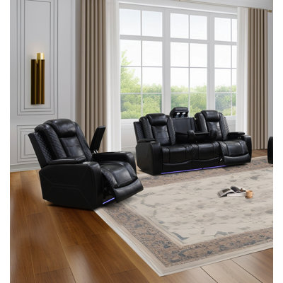 Electric 2-Piece Breathing Leather Living Room Recliner Set, Sofa&Chair