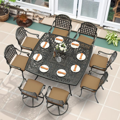 9-Piece Outdoor Patio Dining Set For 8, All Weather Cast Aluminum Patio Funiture Table And Chairs Set- Large 64" Square Table And 2 Swivel Rocker Chai by Bloomsbury Market