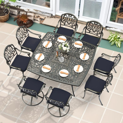 9-Piece Outdoor Patio Dining Set For 8, All Weather Cast Aluminum Patio Funiture Table And Chairs Set- Large 64" Square Table And 2 Swivel Rocker Chai by Bloomsbury Market