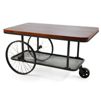 Black Factory Cart Coffee Table, Vintage Center Table With Wheels For Living Room, Rectangular, Metal Frame And Wood Top, Farmhouse, 39.37 Inches, Rus by Williston Forge