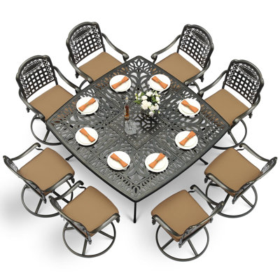 Canora Grey 9-piece Outdoor Dining Furniture Set, Cast Aluminum Patio Table & Chairs Set For 8, Include Large 63.98" Square Dining Table And 8 Swivel