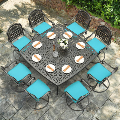 Canora Grey 9-piece Outdoor Dining Furniture Set, Cast Aluminum Patio Table & Chairs Set For 8, Include Large 63.98" Square Dining Table And 8 Swivel by Canora Grey