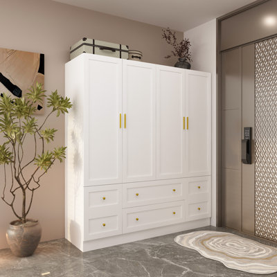 Spacious Modern 4-Door Wardrobe With 6 Drawers, Clothing Rods, And Gold Handles – Perfect For Bedroom Organization And Storage by Latitude Run