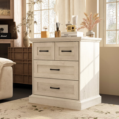 Modern Rustic Accent Chest With Four Drawers, Black Metal Handles – Distressed Light Oak by Winston Porter