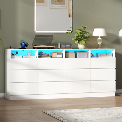 Wrought Studio™ 12 Drawer White Dresser With Charging Station & Led Lights For Bedroom, Long 63" Quadruple Wide Dresser TV Stand For Tvs Up To 75", La by Wrought Studio