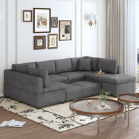 Beige Chenille U-shaped Sectional Sofa Bed With 2 Throw Pillows by Hokku Designs
