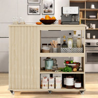 Kitchen Island Cart With 1 Drawer, Wine Rack, Lockable Casters, Open Shelves And Fluted Carved Finish by Latitude Run