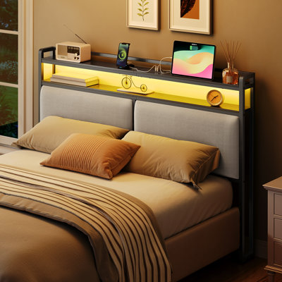 Makieh Upholstered Headborad with Charging Station and Led Lights