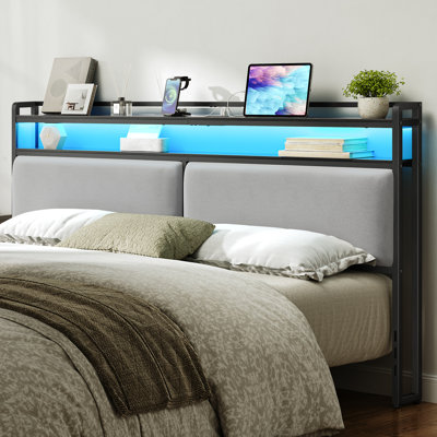 Makieh Upholstered Headborad with Charging Station and Led Lights by Wrought Studio