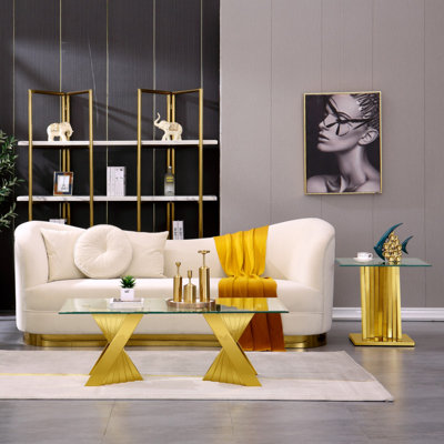 3 Piece Glass And Gold Living Room Table Set by Everly Quinn