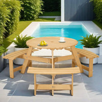 Evislandys Outdoor 6-Person Round Picnic Table with 3 Built-in Benches, Umbrella Hole by Latitude Run