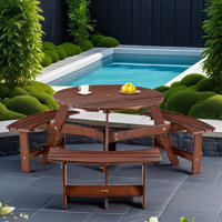 Evislandys Outdoor 6-Person Round Picnic Table with 3 Built-in Benches, Umbrella Hole