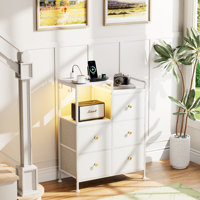 5-Drawer Dresser with Charging Station&LED, Nightstand with Shelf Small Chest Organizer White by Wrought Studio