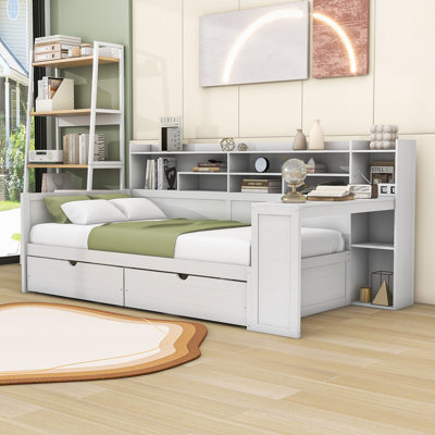 Wood Daybed with 2 Storage Drawers and Study Desk