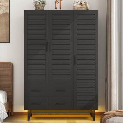 3 Door 71" Armoire Wardrobe With LED Lights, Hanging Rod, Drawers, And Shelves by Wrought Studio