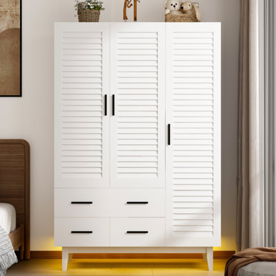 3 Door 71" Armoire Wardrobe With LED Lights, Hanging Rod, Drawers, And Shelves by Wrought Studio