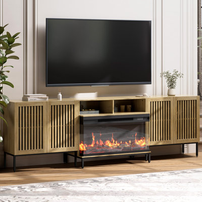 3-sided Glass Farmhouse Fireplace Tv Stand For Tvs Up To 100 Inch, Entertainment Center With 36" Electric Fireplace,brown Tv Console With Storage Cabi by Latitude Run