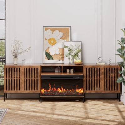 3-sided Glass Farmhouse Fireplace Tv Stand For Tvs Up To 100 Inch, Entertainment Center With 36" Electric Fireplace,brown Tv Console With Storage Cabi by Latitude Run